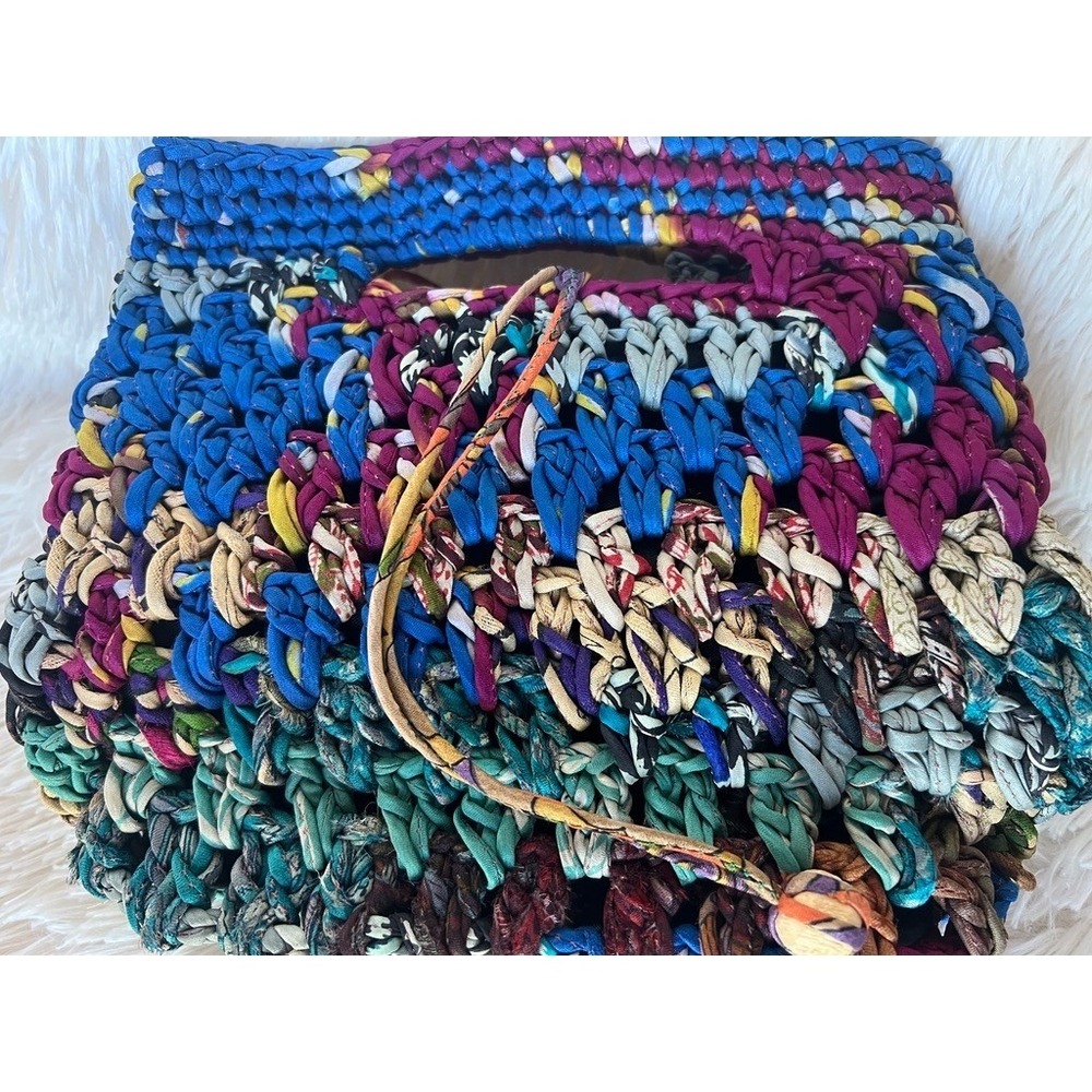 Chan Luu Crochet Handbag Tote Textile Small Boho Fabric Knit Bag Hippie Upcycled - Picture 7 of 12